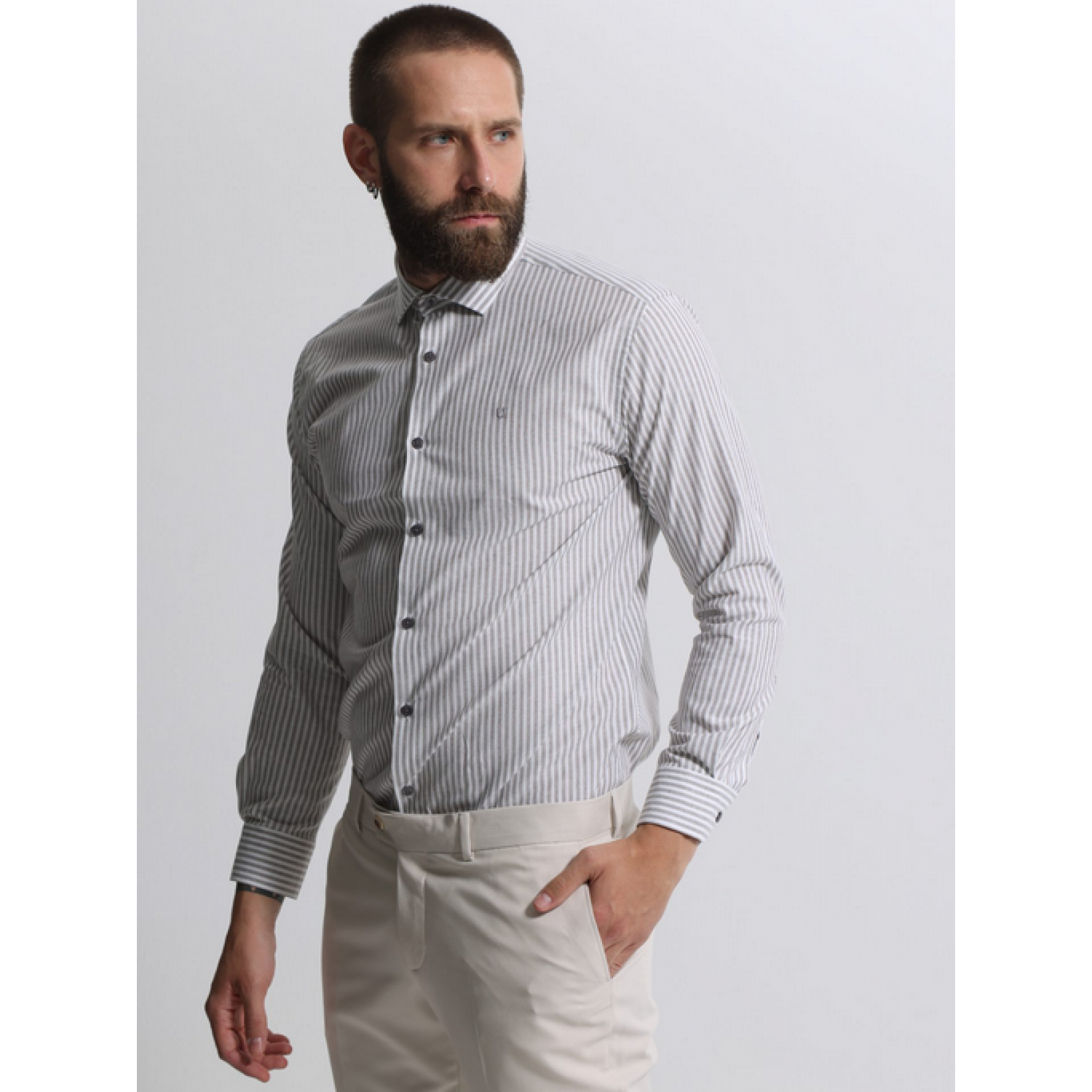 Life Style Butiken Ανδρικό Μακρυμάνικο πουκάμισο ριγέ LS133-8177 Γκρι